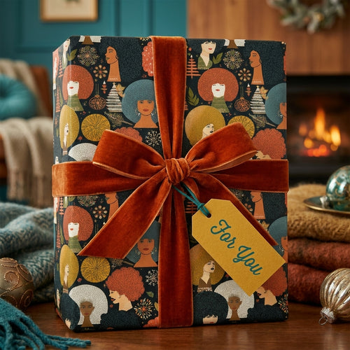 Modern Afrocentric Christmas gift wrap with a burnt orange velvet bow by Wrapped Studios.