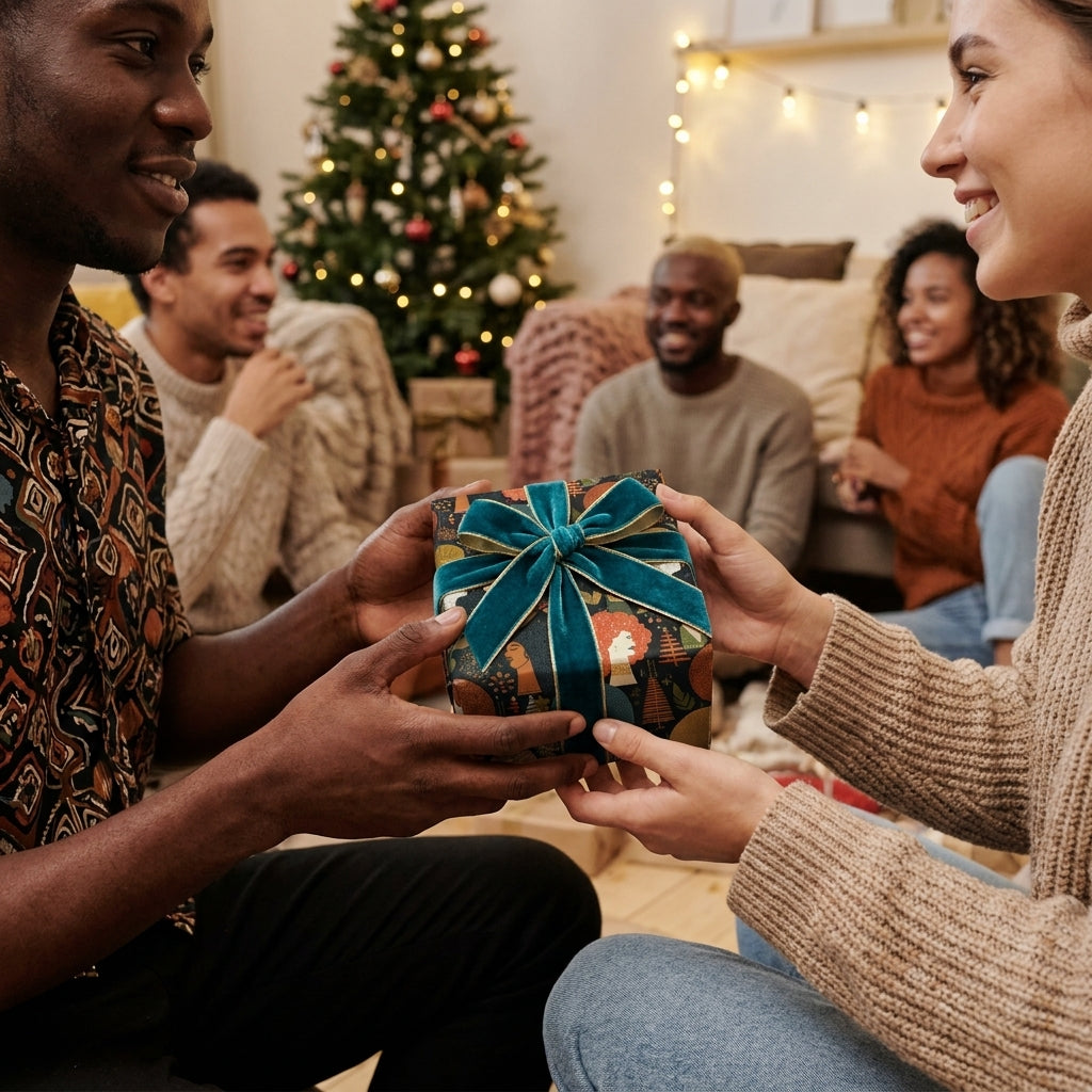 Couple exchanging a Christmas gift in luxury holiday wrapping paper with a velvet bow by Wrapped Studios.
