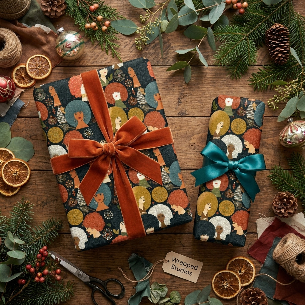Diverse Christmas gift wrap with retro women illustrations and velvet bows by Wrapped Studios.