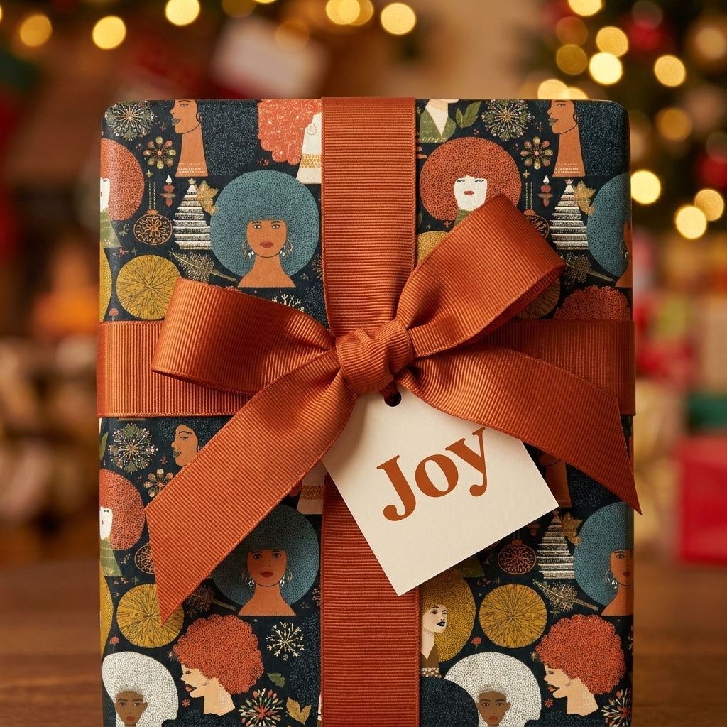 Afrocentric Black women Christmas gift wrap with orange ribbon and Joy tag by Wrapped Studios.