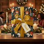 Black women Christmas gift wrap with a gold bow and Noel tag by Wrapped Studios.