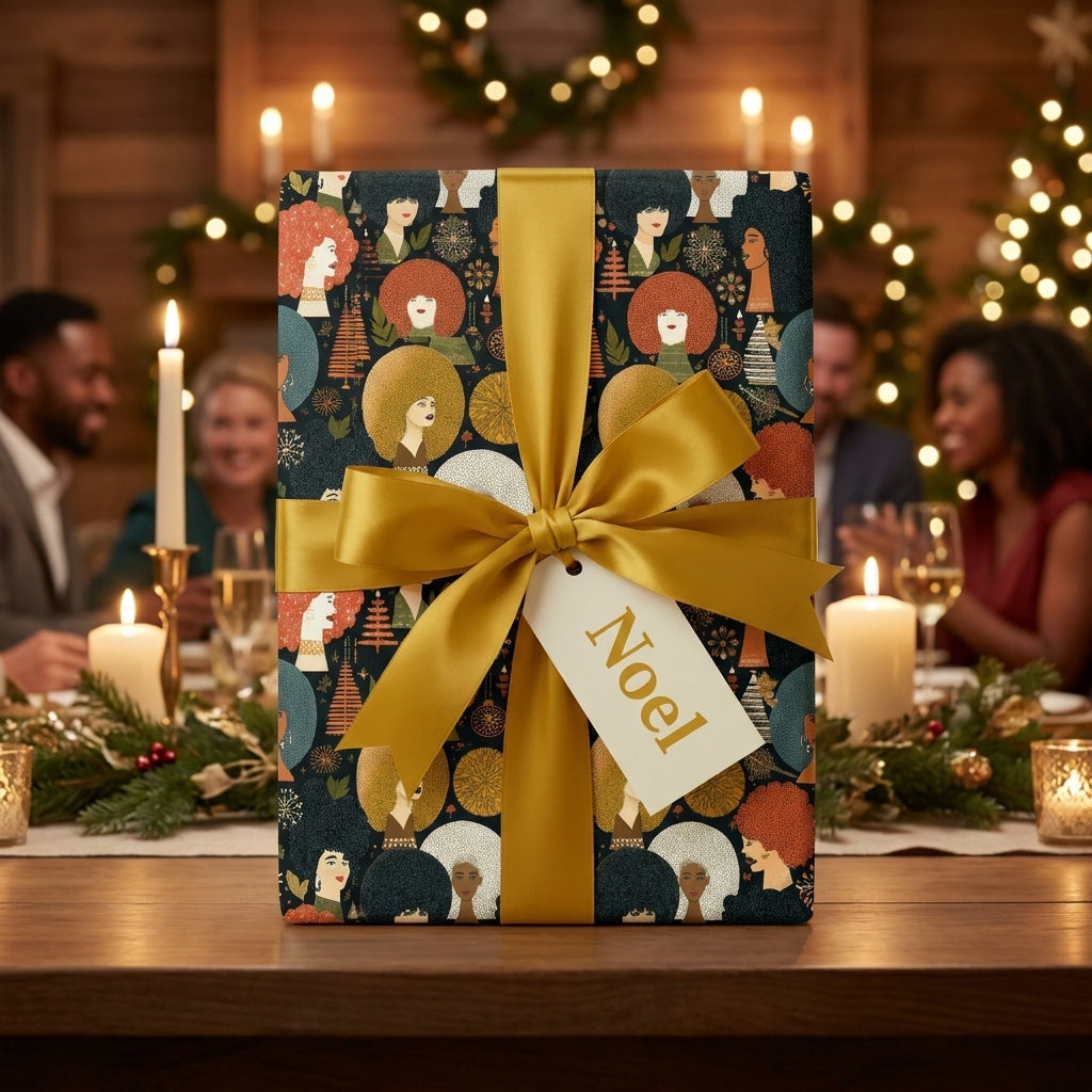 Black women Christmas gift wrap with a gold bow and Noel tag by Wrapped Studios.