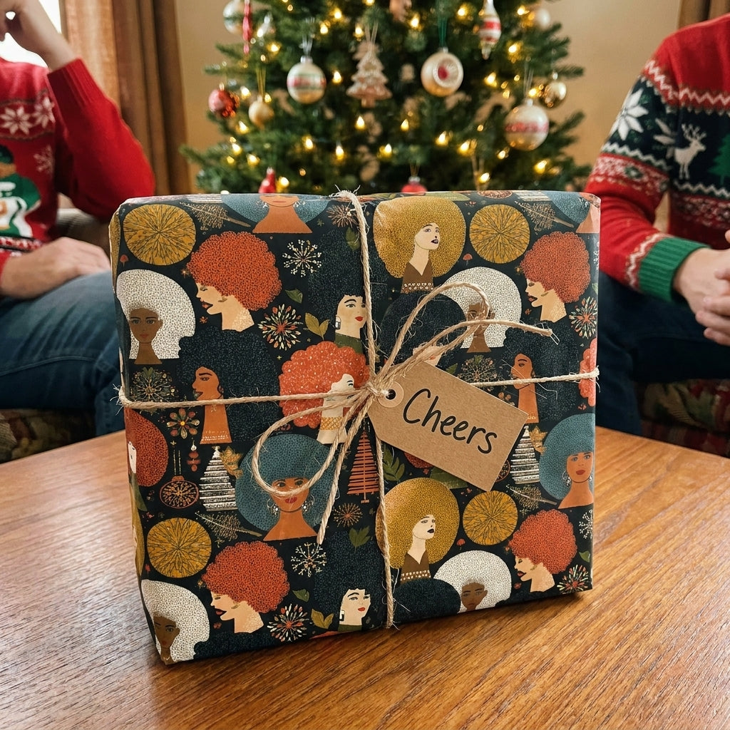 Afrocentric Christmas wrapping paper featuring Black women by Wrapped Studios, tied with twine.