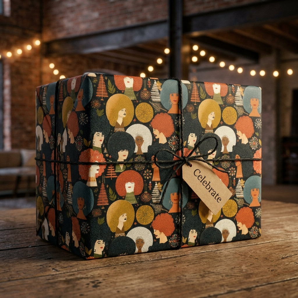 Christmas gift wrap featuring Black women with afros, on a box with a Celebrate tag by Wrapped Studios.