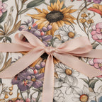 Gift wrapped in floral wrapping paper with a pink ribbon bow.