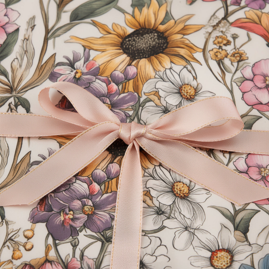 Gift wrapped in floral wrapping paper with a pink ribbon bow.