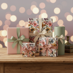 Elegant gifts wrapped in floral wrapping paper and tied with satin ribbons on a wood table.