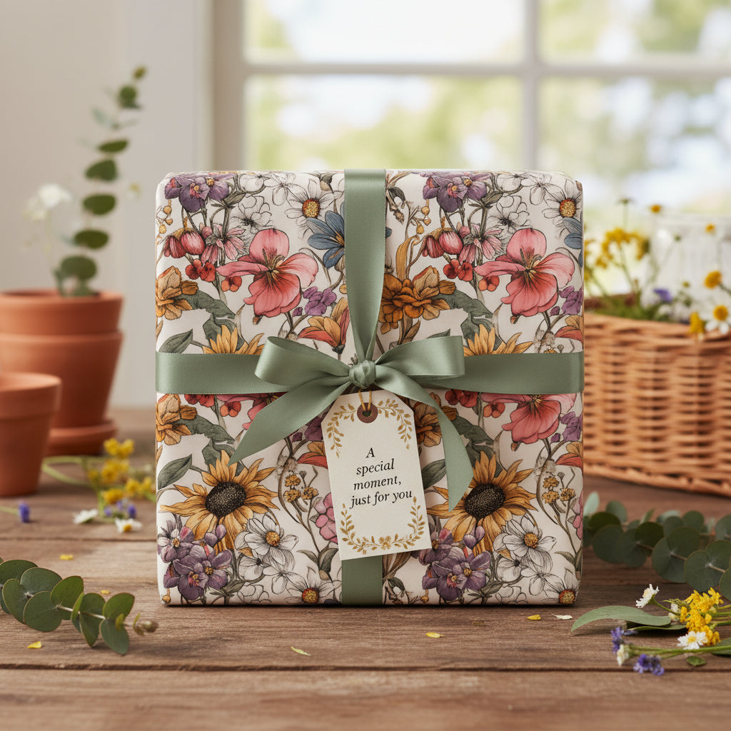 Elegant gift wrapped in floral wrapping paper, tied with a sage green ribbon and a gift tag.