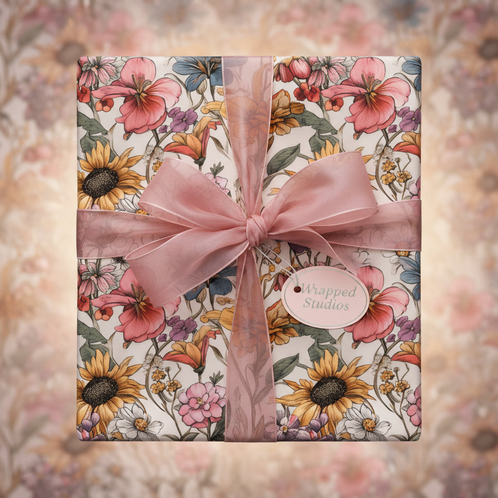 Gift wrapped in floral pattern wrapping paper with a peach ribbon and bow.