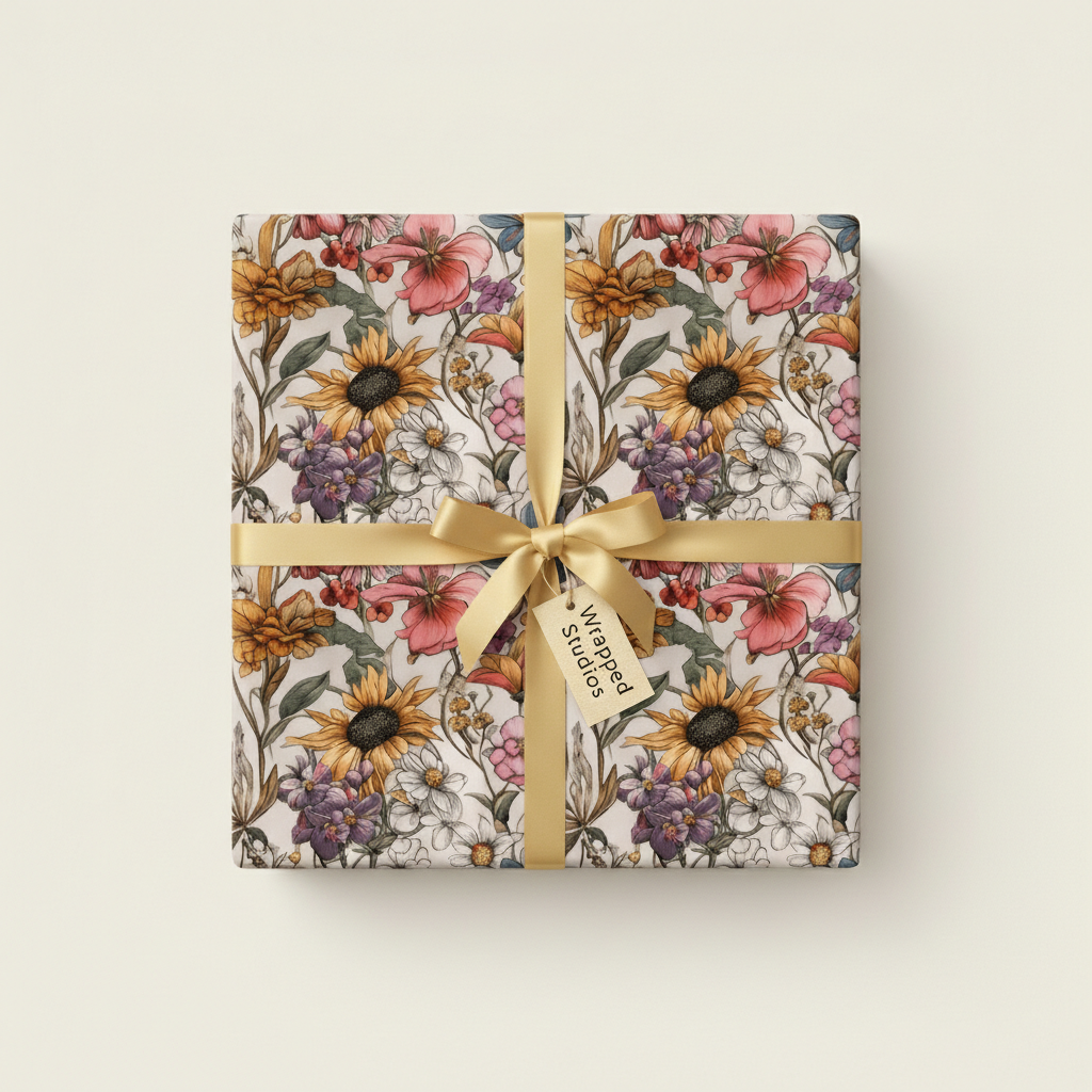 Square gift wrapped in vintage floral wrapping paper with a gold ribbon bow.