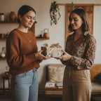 Two women exchanging a gift wrapped in elegant floral wrapping paper with a soft ribbon.