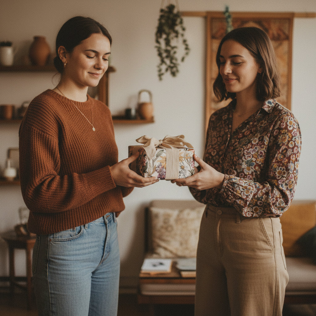 Two women exchanging a gift wrapped in elegant floral wrapping paper with a soft ribbon.