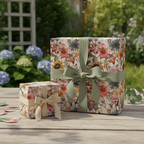Gifts wrapped in floral wrapping paper with sage green ribbons, displayed outdoors.