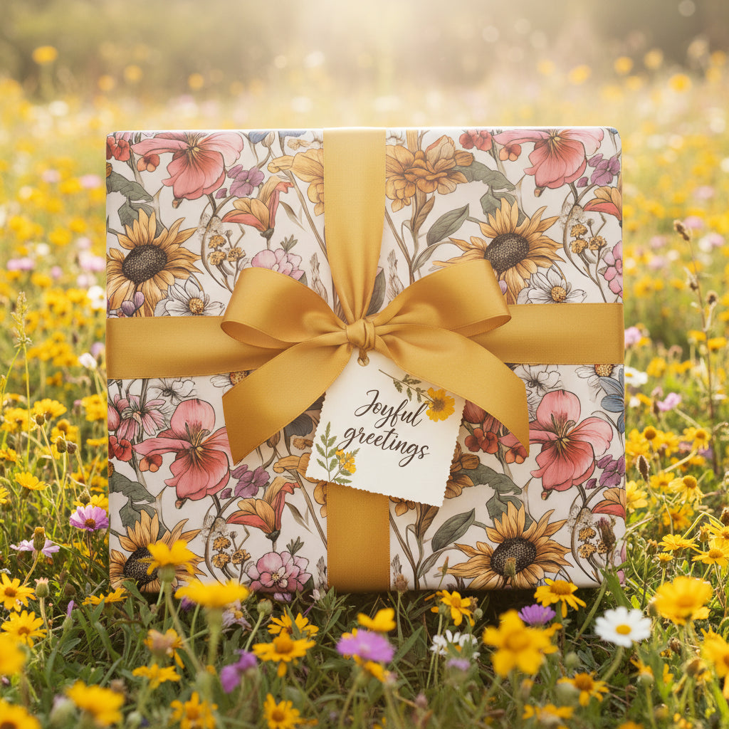 Elegant floral wrapping paper with gold ribbon and "Joyful Greetings" tag in a sunny meadow.