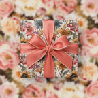 Square gift wrapped in floral birthday wrapping paper with a coral satin ribbon.