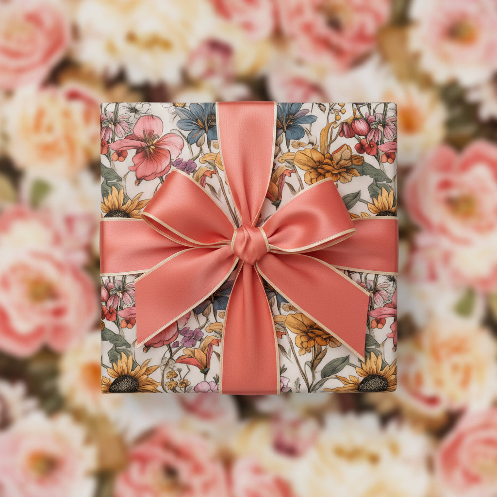 Square gift wrapped in floral birthday wrapping paper with a coral satin ribbon.