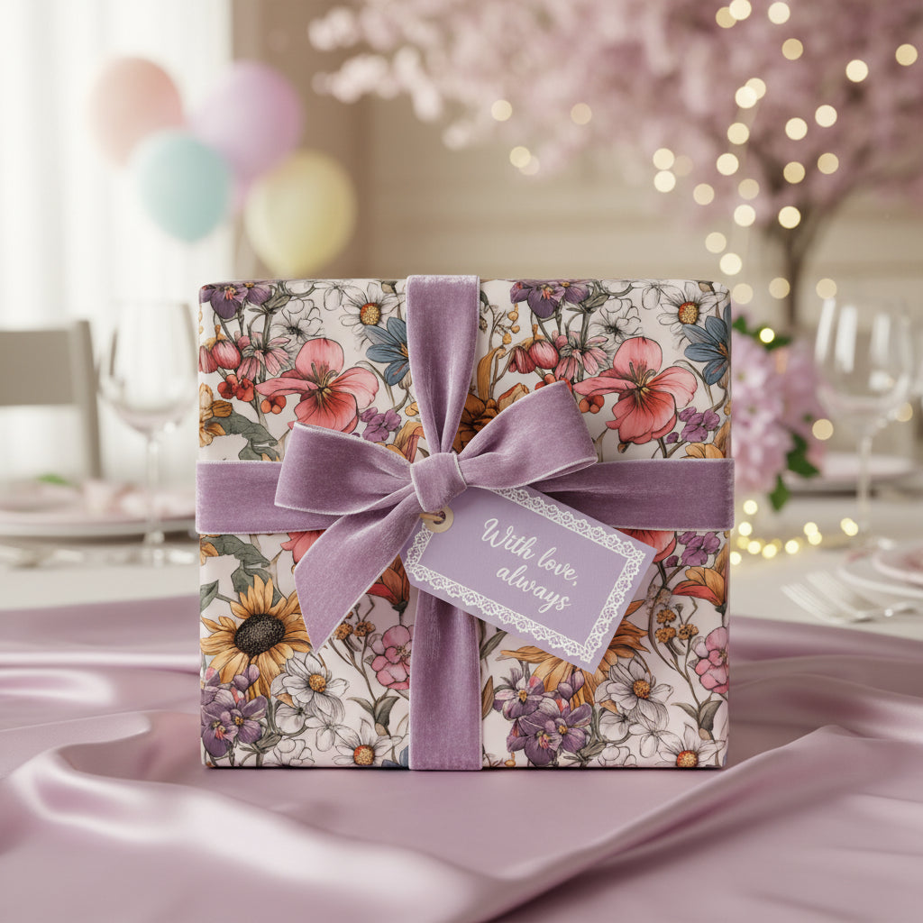 Elegant gift wrapped in floral wrapping paper with a velvet lavender ribbon, perfect for birthday presents.