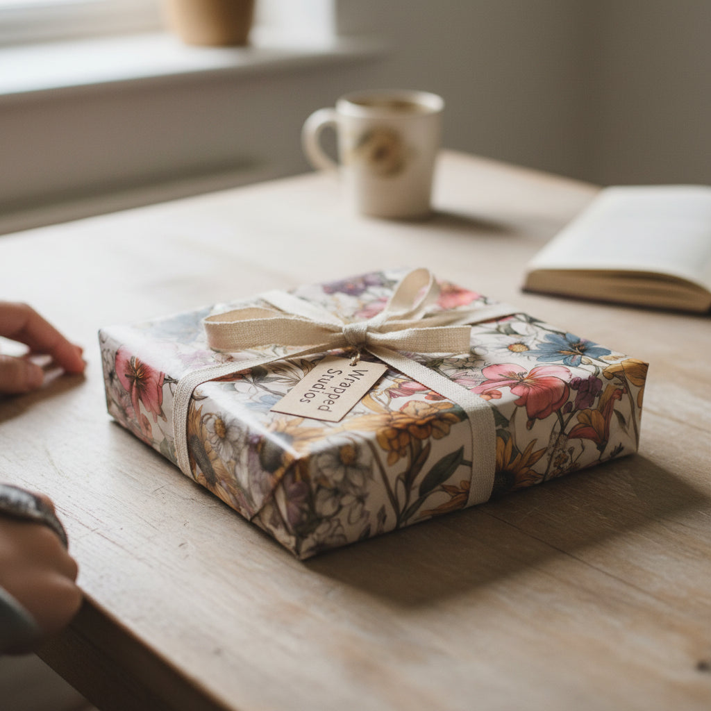 Gift wrapped in vintage-style floral wrapping paper with a cream ribbon and tag on a wood table.
