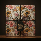 Square gift box in floral wrapping paper with twine bow and gift tag.
