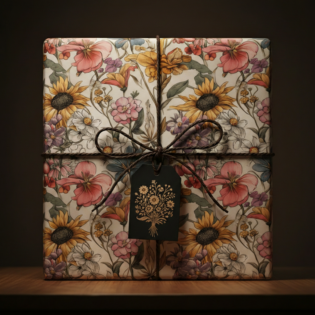 Square gift box in floral wrapping paper with twine bow and gift tag.