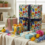 Assorted gifts wrapped in floral wrapping paper with colorful ribbons for birthday or special occasion.