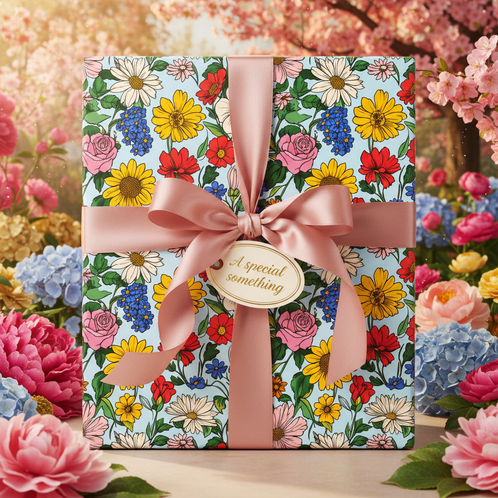 Square gift wrapped in colorful floral wrapping paper with a pink ribbon and "A special something" tag.