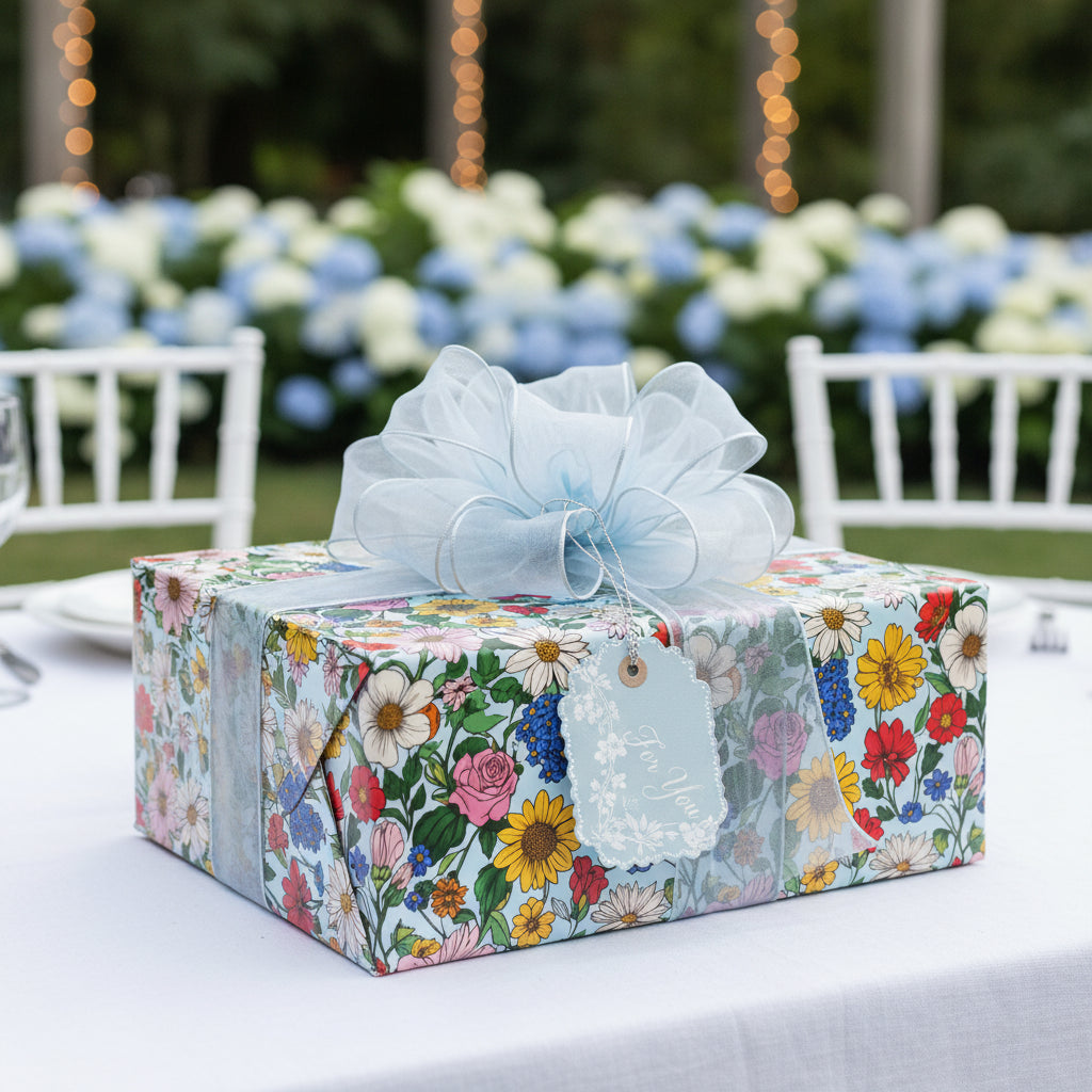 Elegant square gift wrapped in floral birthday wrapping paper with a sheer blue ribbon and "For You" tag.