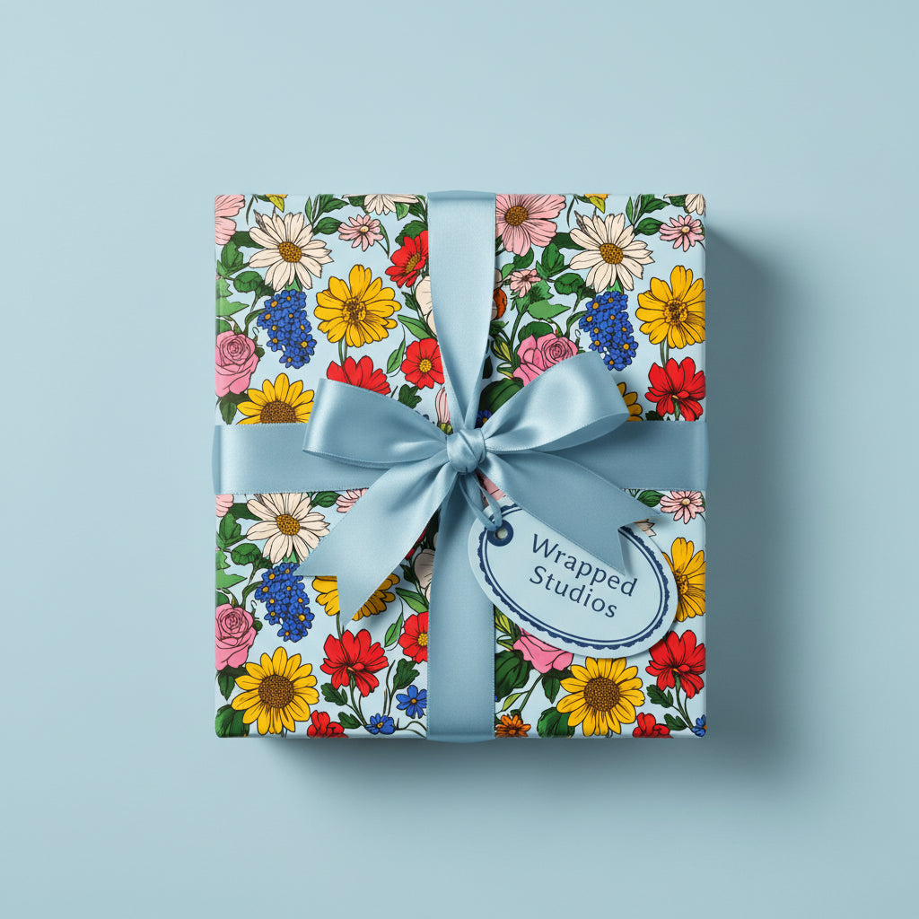 Square gift wrapped in light blue floral wrapping paper with a satin ribbon and bow.