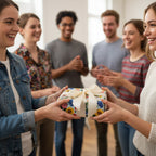 People exchanging a gift wrapped in colorful floral birthday wrapping paper with a cream ribbon.