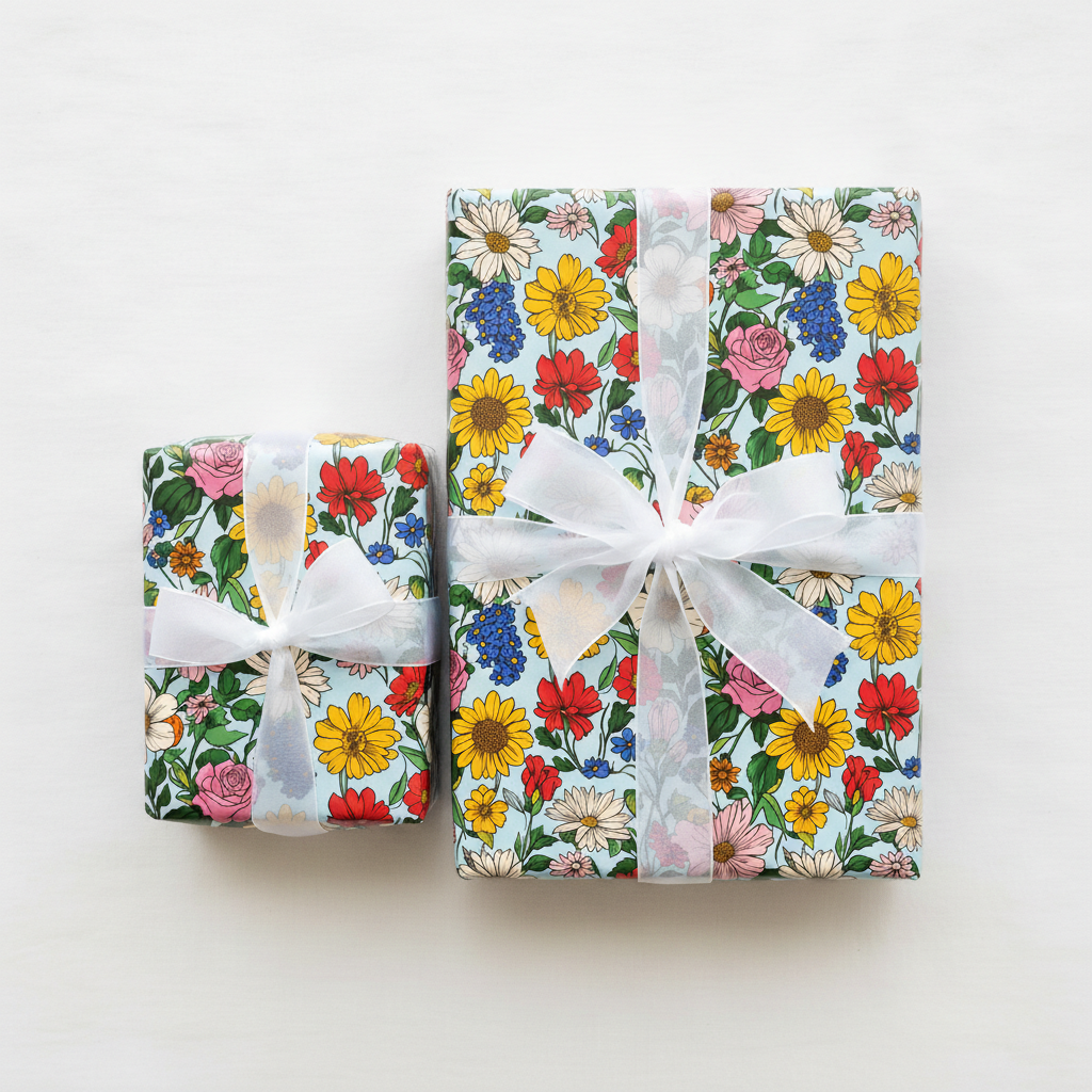 Two gifts wrapped in colorful floral wrapping paper with white ribbon, perfect for birthdays.
