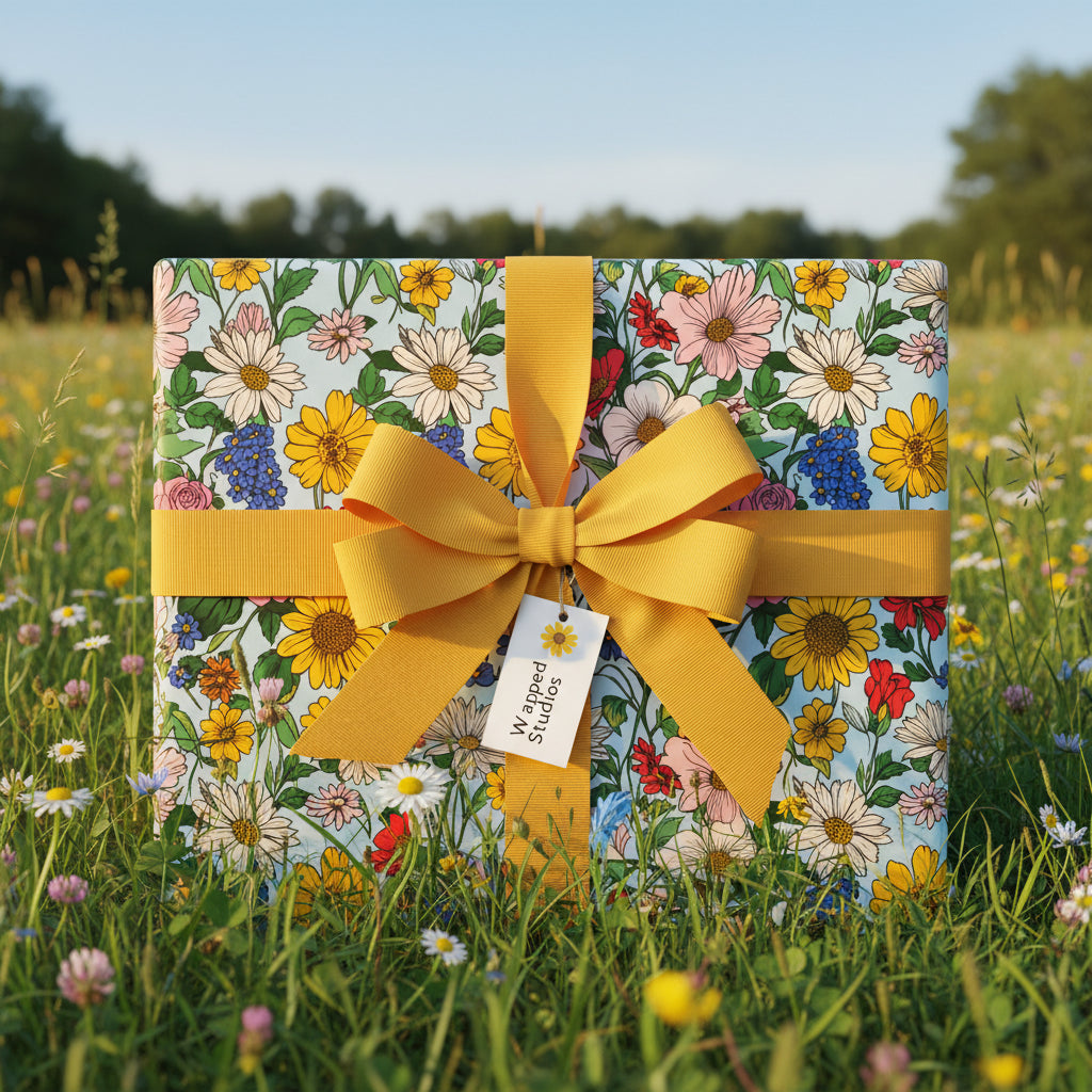 Square gift wrapped in floral paper with a gold ribbon, set in a sunny meadow.