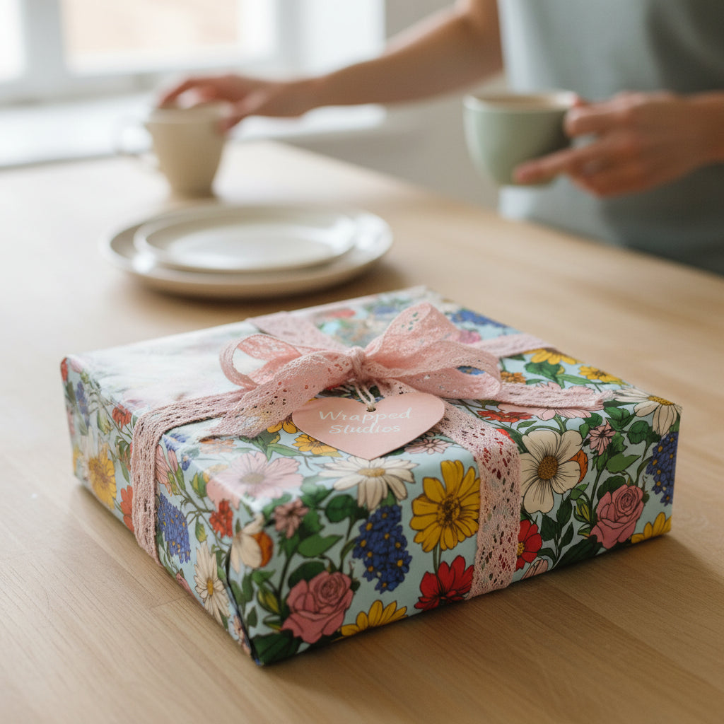 Square gift wrapped in light blue floral wrapping paper with pink lace ribbon, sitting on a table.