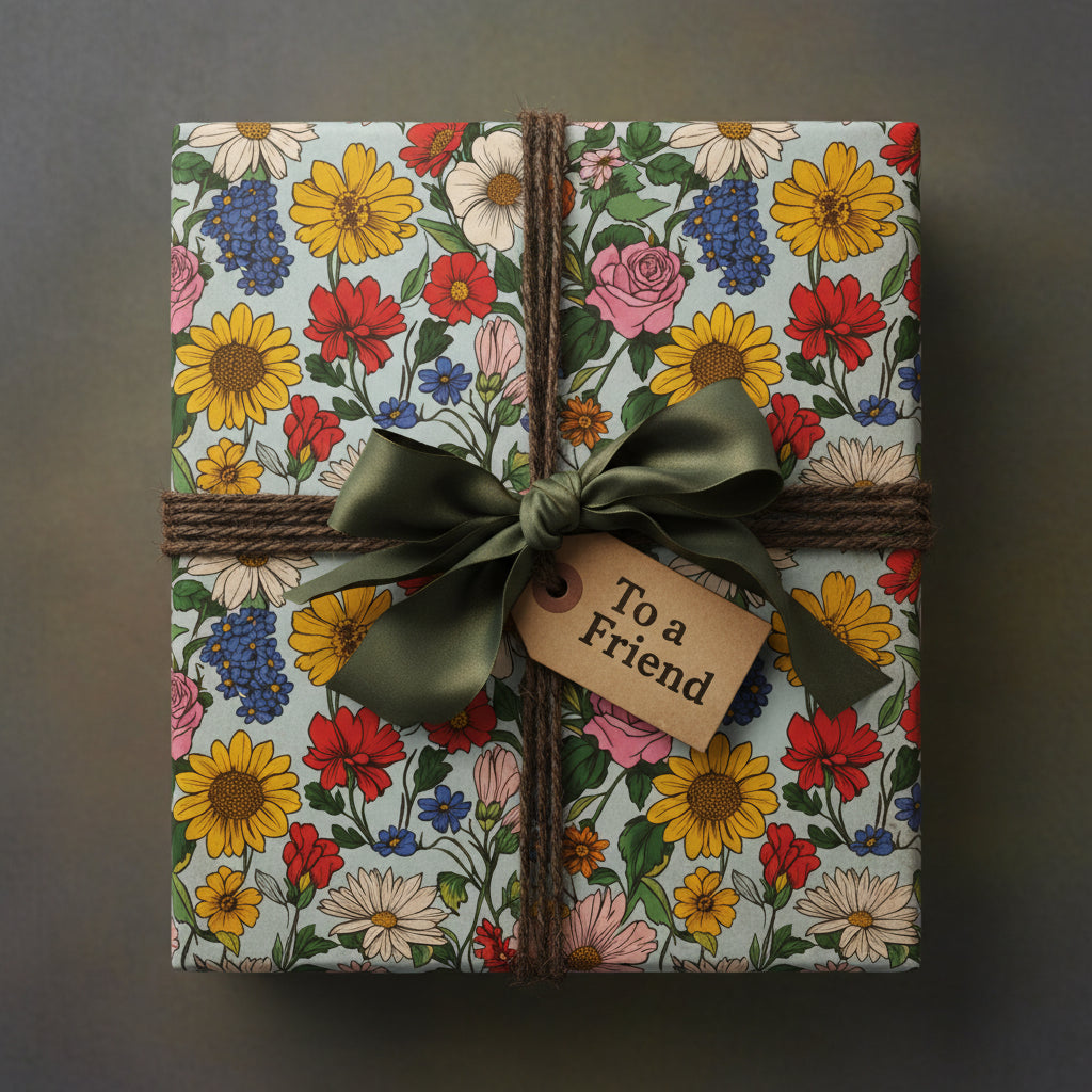 Gift box wrapped in vintage-style floral wrapping paper with olive green ribbon and "To a Friend" tag.