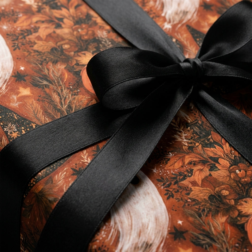 Vintage Halloween wrapping paper with ghosts, autumn leaves, and a black ribbon from Wrapped Studios.