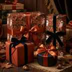 Vintage Halloween wrapping paper with ghosts and pumpkins on luxury gift boxes by Wrapped Studios.
