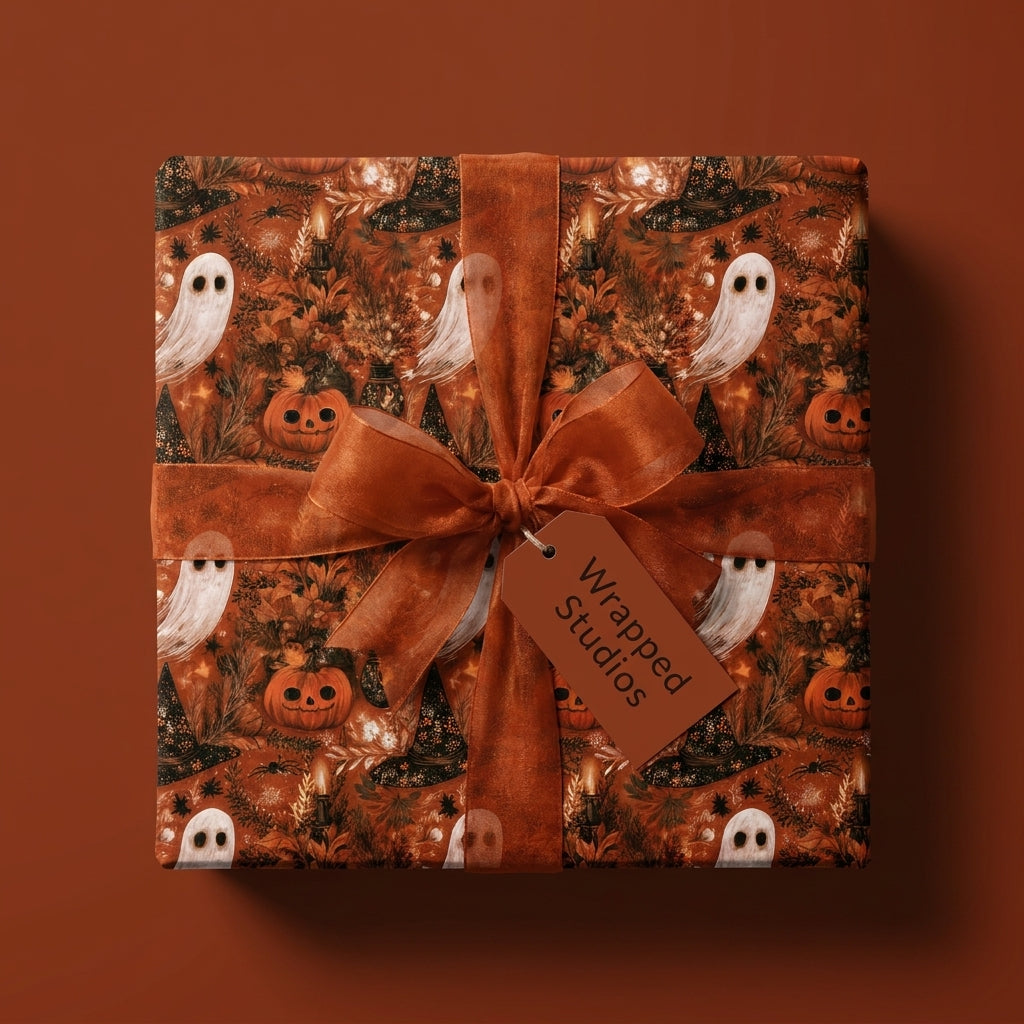 Spooky ghost and pumpkin Halloween wrapping paper with matching rust ribbon by Wrapped Studios.