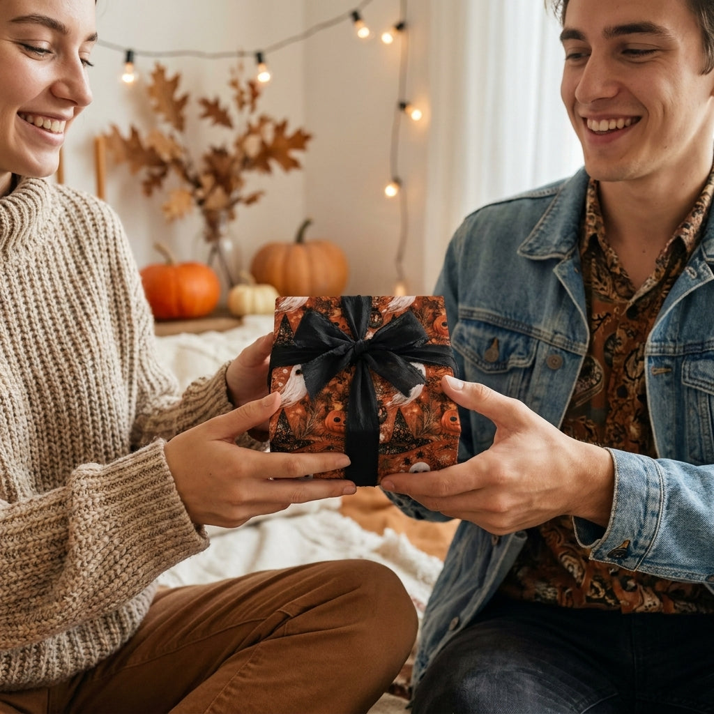 Couple holding a gift wrapped in spooky Halloween wrapping paper with a black bow, by Wrapped Studios.