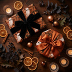 Spooky ghost Halloween wrapping paper with black and bronze bows on a cozy autumn table by Wrapped Studios.