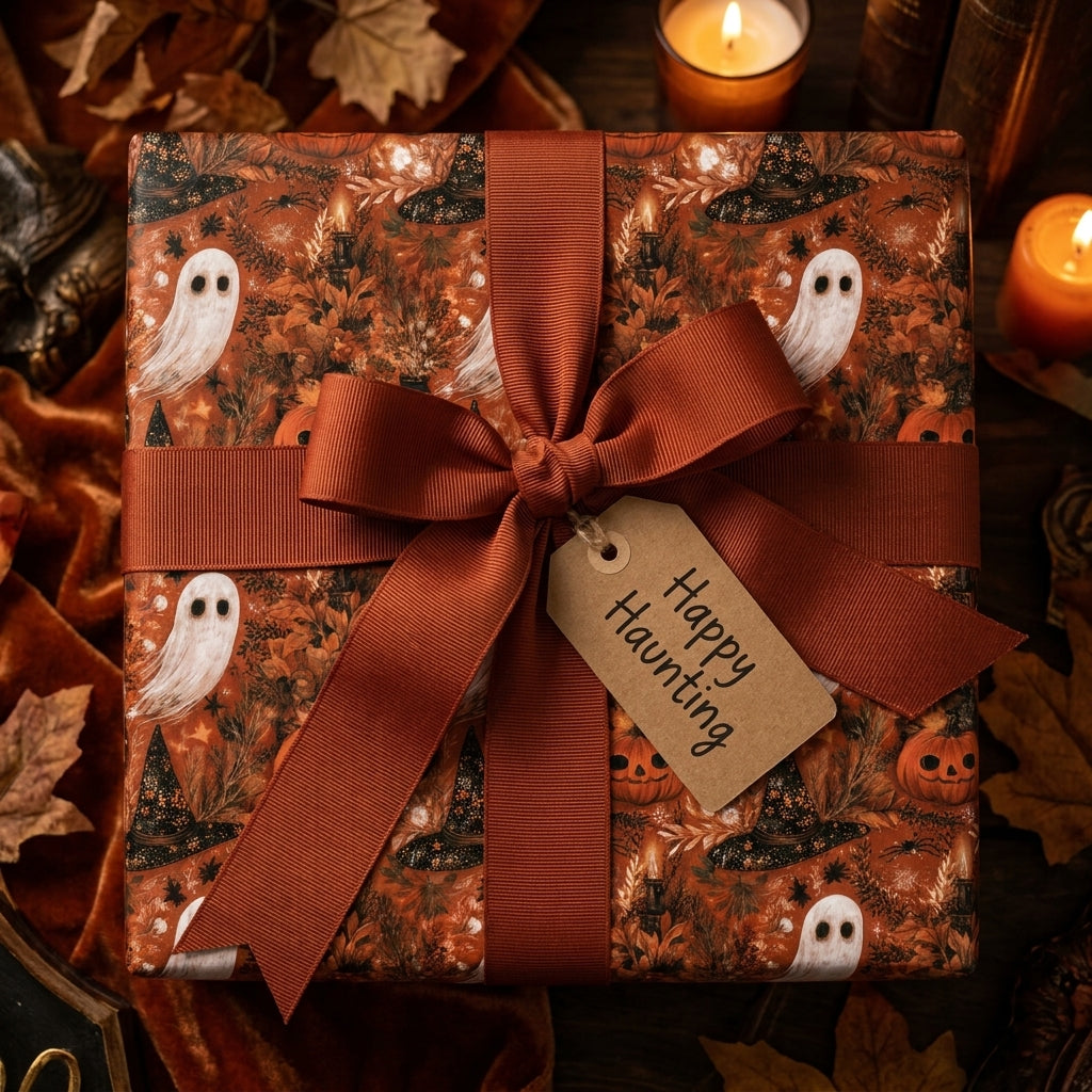 Spooky Halloween wrapping paper with ghosts and pumpkins, tied with a rust bow by Wrapped Studios.