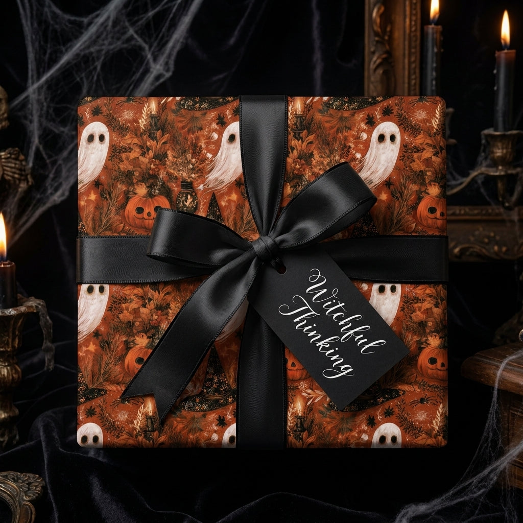 Spooky Halloween wrapping paper with ghosts and pumpkins, tied with a black bow by Wrapped Studios.