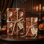 Spooky vintage Halloween wrapping paper with ghost and pumpkin patterns on gifts by Wrapped Studios.