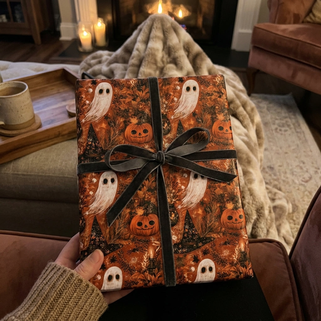 Spooky Halloween wrapping paper with ghosts and pumpkins by Wrapped Studios, tied with a dark velvet bow.