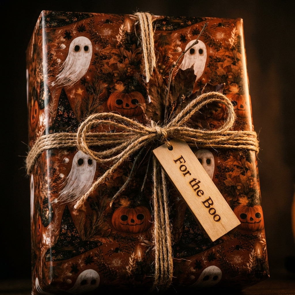 Spooky Halloween wrapping paper with ghosts and pumpkins, tied with rustic twine by Wrapped Studios.
