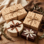 Neutral heart wrapping paper on cozy gift boxes with twine bows, rustic boho gift wrap by Wrapped Studios.