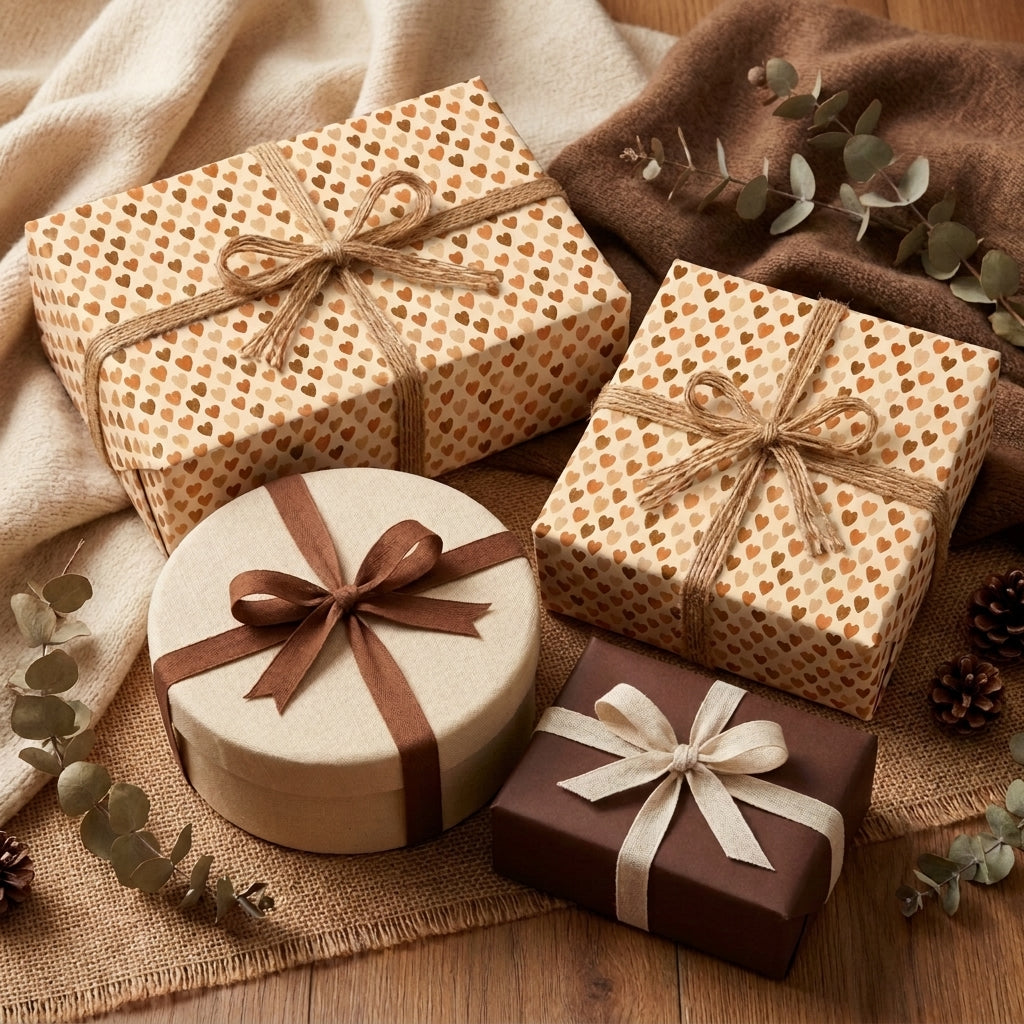 Neutral heart wrapping paper on cozy gift boxes with twine bows, rustic boho gift wrap by Wrapped Studios.