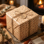 Rustic heart wrapping paper on a cozy gift box with twine bow by Wrapped Studios.