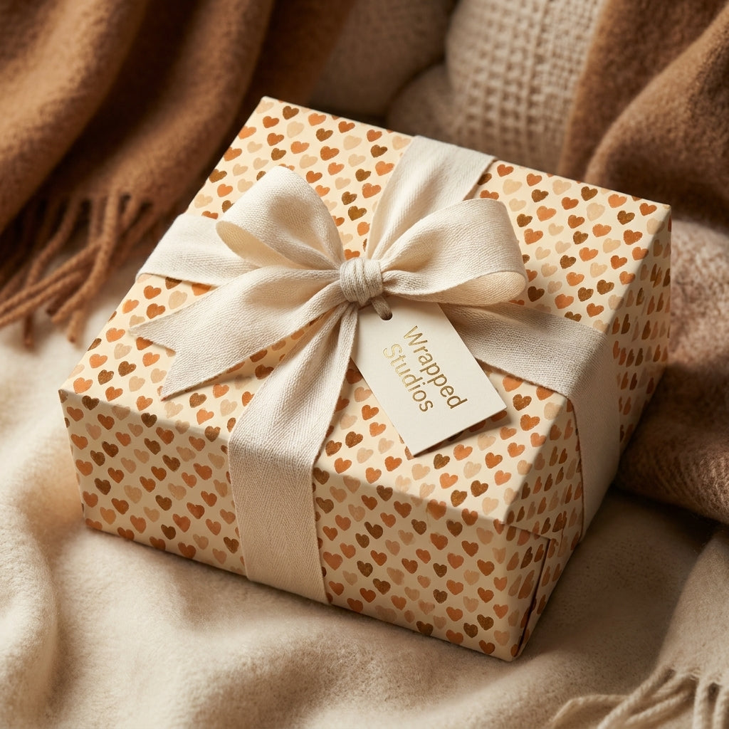 Boho neutral heart wrapping paper on a cozy gift box with a cream bow by Wrapped Studios.