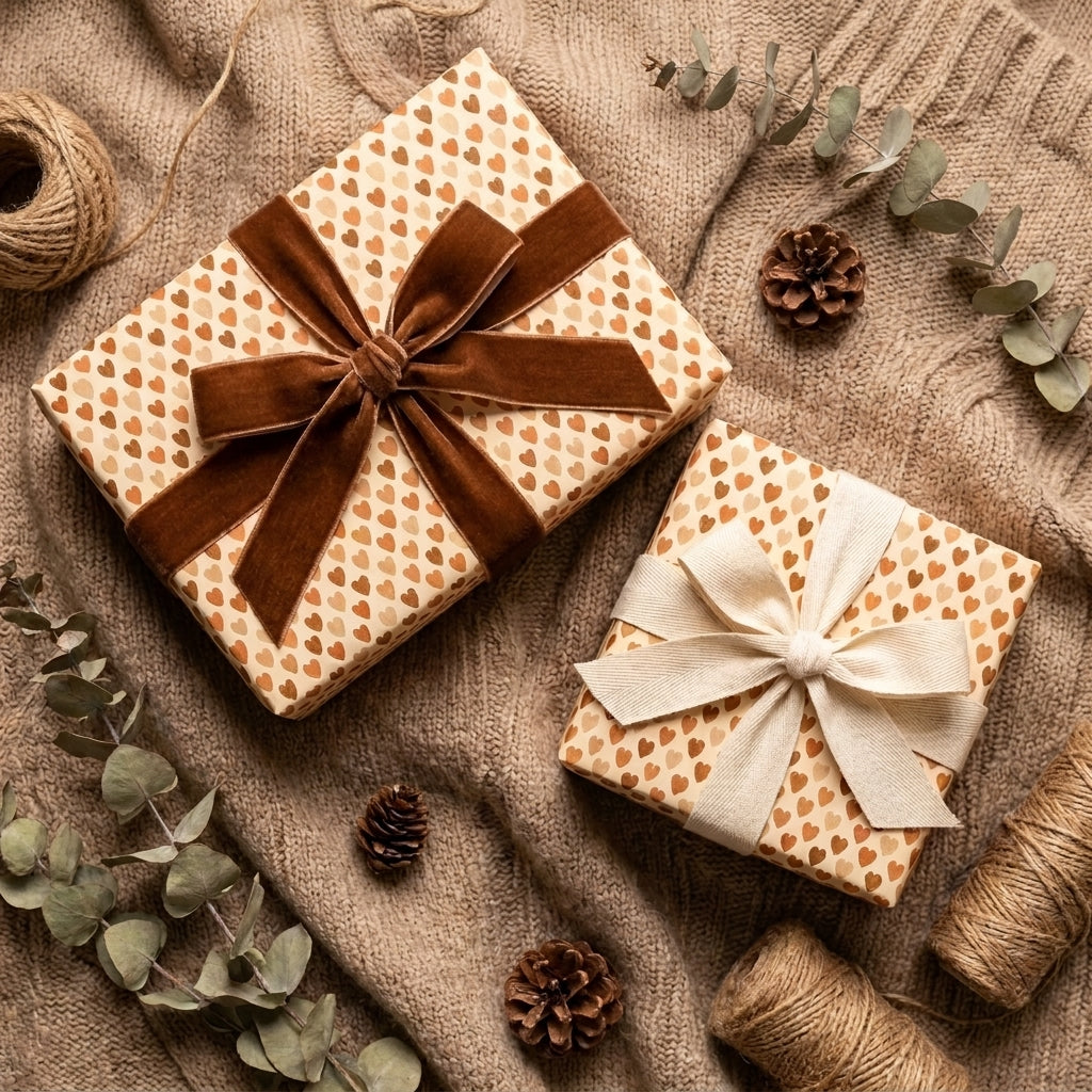 Cozy heart wrapping paper on gifts with velvet bows on a rustic knit blanket, by Wrapped Studios.