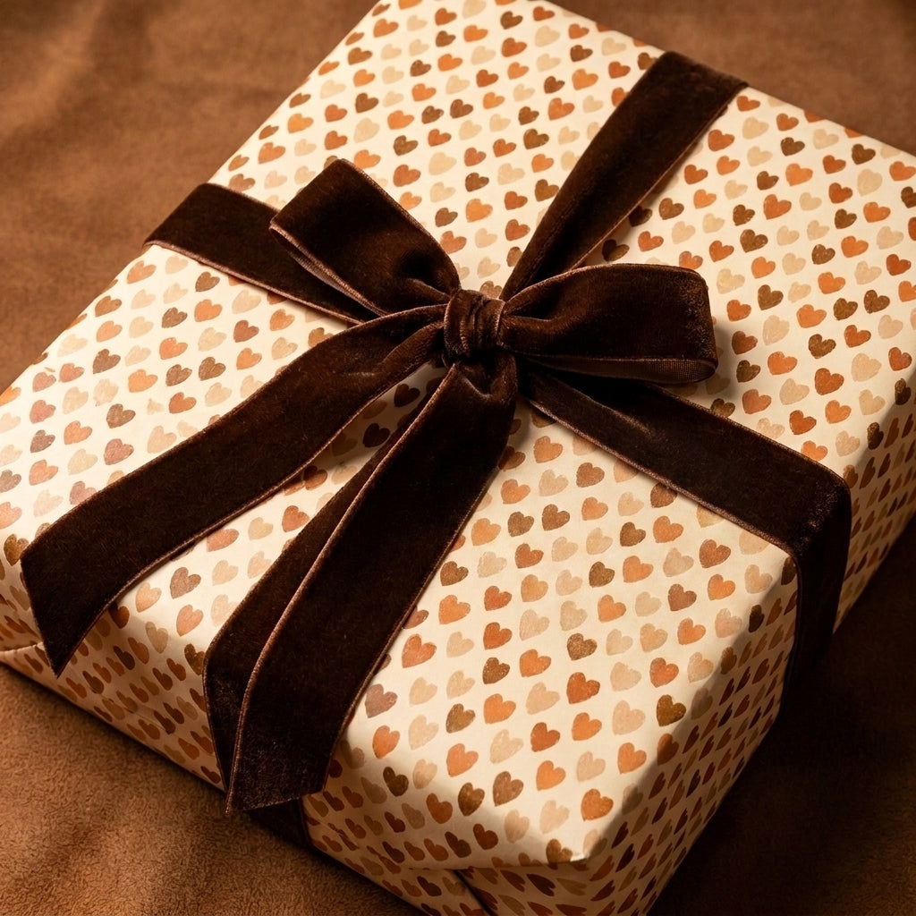 Neutral boho heart wrapping paper with a dark brown velvet bow on a gift box by Wrapped Studios.