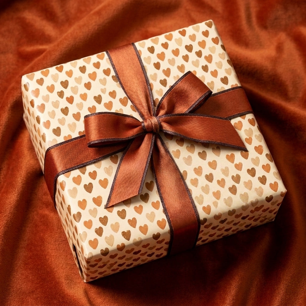Neutral heart wrapping paper with a brown satin ribbon on terracotta velvet by Wrapped Studios.